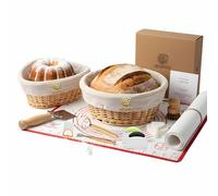 Bread Proofing Basket 9-Inch, 10-Piece Set for Artisan Bread Baking - Sourdough Kit Natural Rattan Dough Rising Bowl Proving Basket with Cloth Liner, Scraper, Scoring Tool, Blades, Brush & Accessories