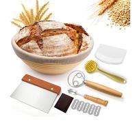Bread Proofing Basket, Round 9 inch Sourdough Starter Kit- Lame + Dough Scraper Linen -Basting Brush for Making Baking Supplies Tools Natural Rattan -banneton basket