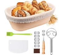 Bread Proofing Basket Set, 100% Natural Bread Banneton Proofing Basket, 10 inch Oval Banneton Bowl with Dough Whisk Linen Liner Cloth Dough Scraper Silicone Brush Bread Lame & Blades for Home Bakers