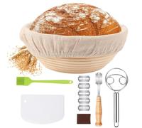 Bread Proofing Basket Set, 100% Natural Bread Banneton Proofing Basket, 10 inch Round Banneton Bowl with Dough Whisk Linen Liner Cloth Dough Scraper Silicone Brush Bread Lame & Blades for Home Bakers