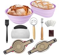 Bread Proofing Basket Sourdough Starter Kit-Sourdough Proving Basket Kit Bread Making Accessories with Foldable Silicone 9 Inch Round&10 Oval Sour Dough Starter Kits,Danish Dough Whisk,Bread Lame