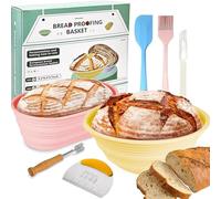 Bread Proofing Baskets Set of 2, Silicone Foldable Banneton Sourdough Baking Basket Round Oval, Sourdough Starter Kit with Dough Whisk Scraper Bread Lame Cleaning Brush