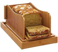 Bread Slicer, Bamboo Wood Homemade Bread Guide, 3 Slice Thickness, Foldable Compact Cutting Guide with Crumb Tray