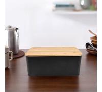 Bread Storage Metal Box with Wooden Lid and Ventilation, Suitable for Kitchen Countertops, Lid Serves as a Cutting and Serving Board (Black)