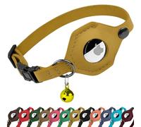 Breakaway Airtag Cat Collar Leather with Bell - Soft Pet Collar with Apple Air Tag Holder - Adjustable GPS Collars for Girl Boy Cats Kitten Puppy - Lightweight and Cute (Yellow)