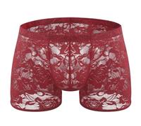 BreakEgg Men's Lace Boxers Underwear Seamless Lace Design with Low Waist Sexy and Comfortable Mens Under Panties (Wine Red,One Size)