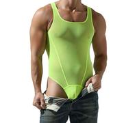 BreakEgg Men's Sexy Cutout Mesh Bodysuit Transparent Tank Tops Crewneck Mens Body Suit One Pieces Coveral, Green, XXL