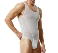 BreakEgg Men's Sexy Cutout Mesh Bodysuit Transparent Tank Tops Crewneck Mens Body Suit One Pieces Coveral (M,White)