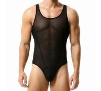 BreakEgg Men's Sexy Cutout Mesh Bodysuit Transparent Tank Tops Crewneck Mens Body Suit One Pieces Coveral (L,Black)