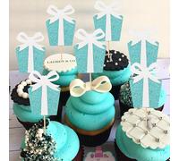 Breakfast at Tiffany’s Cupcake Topper - Tiffany Bow Birthday Cupcake Pick, Baby and Co. Baby Shower Cupcake Decor, Bride and Co. Bride Shower Cake Topper, Teal Blue Audrey Hepburn Cake Smash （12 Pcs）