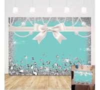 Breakfast Blue Bow-Knot Birthday Party Photography Backdrop Sweet 16 Turquoise Diamond Bow Glitter Photo Background 5x3ft Vinyl Bridal Shower Wedding Party Banner Supplies Backdrops Studio Props
