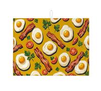 Breakfast Food Dish Drying Mats for Kitchen, Yellow Bacon Eggs Absorbent Drainer Rack Mat, Retro Microfiber Drying Pad for Kitchen Counter 18x24 Inch