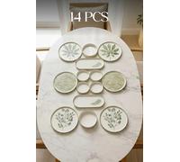 Breakfast Serving Set 14 Piece Stackable Ceramic Autumn Leaf Design for 6, Green Plates and Bowls, Modern Style, BPA Free - Green, One Size