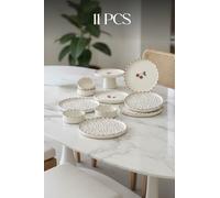 Breakfast Serving Set Stackable, Cherry Design, Breakfast Serving Plate, 6 Person Ceramic Set, Modern Style, Red Color - Red, One Size