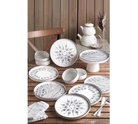 Breakfast Set 11 Piece with Footed Serving Plates Ceramic Dinnerware for 6 People Modern Black and White - Black, One Size