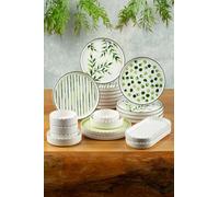 Breakfast Set 22 Piece Stackable Greentree Service for 12, Ceramic Plates, Modern Design, Green Theme, BPA Free - Green, One Size