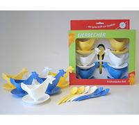 Breakfast set, "egg cup chicken", 6 egg cups and 6 egg spoons each, 2 x blue, 2 x white, 2 x yellow in gift set, DDR egg cups