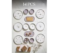 Breakfast Set Stackable 14 Piece Ceramic Service for 6, Modern Style, BPA Free, Gray Color, Quality Serving Plate Set, Made in Turkey - Gray, One Size