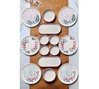 Breakfast Set Stackable 14 Piece Ceramic Service for 6, Nature Theme, BPA Free, Pink Color, Quality Serving Plate Set, Made in Turkey - Pink, One Size