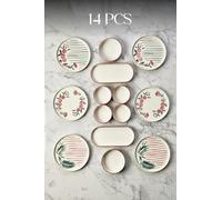 Breakfast Set Stackable Sakura 14 Piece Ceramic Serving Set for 6 People, Modern Style, BPA Free - Pink - Pink, One Size