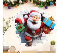 Breaking Through The Wall Christmas Santa 3D Wall Sticker, 3D Santa Claus Decal with Gift Boxes, Peel & Stick Holiday Decor for Living Room/Kids Bedroom, Reusable Festive Whimsical Wall Art (Multi-D)