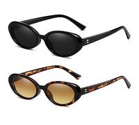 Breaksun Retro Oval Sunglasses for Women Men Fashion Small Oval 90s Vintage Shades, Pack of 2 (A2, Black/Grey + Leopard/Brown Gradient), MM