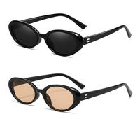 Breaksun Retro Oval Sunglasses for Women Men Small Oval Sunglasses 90s Vintage Shades, 2 Pack (Black/Grey + Black/Brown), MM