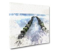 Breakwater in the Baltic Sea Watercolour Modern Canvas Wall Art Print Ready to Hang, Framed Picture for Living Room Bedroom Home Office Décor, 20x20 Inch (50x50 cm)