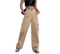 Breampot Womens Cargo Trousers High Waist Hiking Walking Combat Pants Casual Work Bottoms Outdoor Streetwear(Khaki,Large)