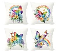 BREASOME 4-Pack Throw Pillow Covers 45 x 45 cm, Butterfly and Rainbow Printed Decorative Pillow Cases for Sofa Office Nordic Style
