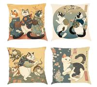 BREASOME Cat Art Throw Pillow Covers 45 x 45 cm - Set of 4, Decorative Pillowcases for Living Room Sofa Car Styled Ukiyo-e Design
