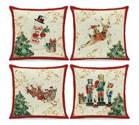 BREASOME Christmas Tree Reindeer Snowman Cushion Covers 45 x 45 cm Set of 4 | Nutcracker Soldier and Gift Box Throw Pillow Covers, Linen Decorative Square Pillow Cases, for Sofa Couch Bedroom Living Room