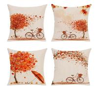 BREASOME Cushion Covers 45 x 45 cm Set of 4 Bicycle & Trees & Orange Fallen Leaves Cushion Covers Linen Decorative Square Throw Pillow Cases for Sofa Couch Bedroom Living Room