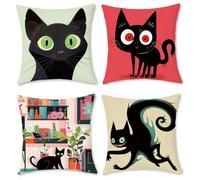 BREASOME Cushion Covers 45 x 45 cm Set of 4 Black Cat Cushion Covers Polyester Decorative Square Throw Pillow Cases for Sofa Couch Bedroom Living Room
