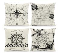 BREASOME Cushion Covers 45 x 45 cm Set of 4 Nautical Ship Wheel Cushion Covers Linen Decorative Square Throw Pillow Cases Marine Themed for Sofa Couch Bedroom Living Room