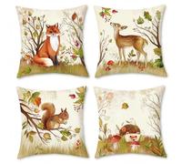 BREASOME Wild Animal Cushion Covers 45 x 45 cm Set of 4 Fox Deer Squirrel Hedgehog Cushion Covers Linen Decorative Square Throw Pillow Cases for Sofa Couch Bedroom Living Room