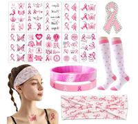 Breast Cancer Awareness Accessories Set - Pink Ribbon Headband, Badge, 2 Wristbands, Socks & 10 Tattoos for Women, Supportive Gifts for October Events