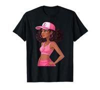 Breast Cancer Awareness Afro Cute Black Girl Pink Ribbon T-Shirt