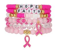 Breast Cancer Awareness Bracelet Set, Hope Faith Pink Ribbon Bracelets | 6Pcs Stackable Pink Beaded Bracelets with Hope Faith Letter Beads & Pink Ribbon Charms, Breast Cancer Awareness Jewellery