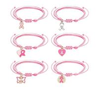 Breast Cancer Awareness Bracelets for Women, 6 Pcs Pink Ribbon Adjustable Braided String Bracelets, Hope Strength Inspirational Jewelry for Breast Cancer Survivors Charity Support Gifts, S, Metal, no