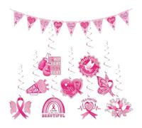 Breast Cancer Awareness Decoration Set - 18-Piece Pink Ribbon Party Kit with 9 Triangle Banners & 9 Hanging Swirls for October Events, Fundraisers & Celebrations