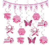 Breast Cancer Awareness Decorations Kit - Pink Ribbon Pennants Banners Set, Wall Hanging Hope Butterfly Bird Swirls Set for Breast Cancer Party Fundraising Charity Event Accessories