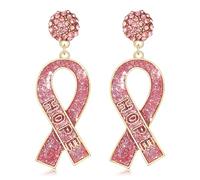 Breast Cancer Awareness Earrings Beaded Pink Ribbon Earrings for Women Statement Drop Dangle Earrings Breast Cancer Survivor Gifts, Zinc, No Gemstone