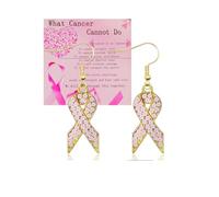 Breast Cancer Awareness Earrings Pink Rhinestone Ribbon Drop Earrings For Women Breast Cancer Awareness Jewelry, Adjustable, Metal, No Gemstone