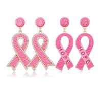 Breast Cancer Awareness Earrings Pink Ribbon Earrings for Women Beaded Ribbon Bow Drop Dangle Earrings Set Breast Cancer Survivor Support Jewelry Gifts, Zinc Bead, No Gemstone