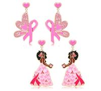Breast Cancer Awareness Earrings Pink Ribbon Earrings for Women Beaded Ribbon Bow Drop Dangle Earrings Set Breast Cancer Survivor Support Jewelry Gifts, Zinc, No Gemstone