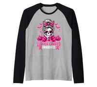 Breast Cancer Awareness Messy Bun Skeleton Bow Leopard Women Raglan Baseball Tee