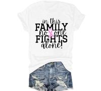 Breast Cancer Awareness Shirt Women: in This Family No One Fights Alone Shirt Breast Cancer Gifts Pink Short Sleeve Tops, White, XXL