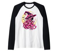 Breast Cancer Awareness Witch Pink Ribbon Moon Bats Women Raglan Baseball Tee
