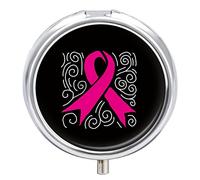 Breast Cancer Awareness with Pink Ribbons Iron Pill Box Case Organizer with Internal Separate Plastic Dividers, Travel Small Medicine Bag Holder Carrier Round Container
